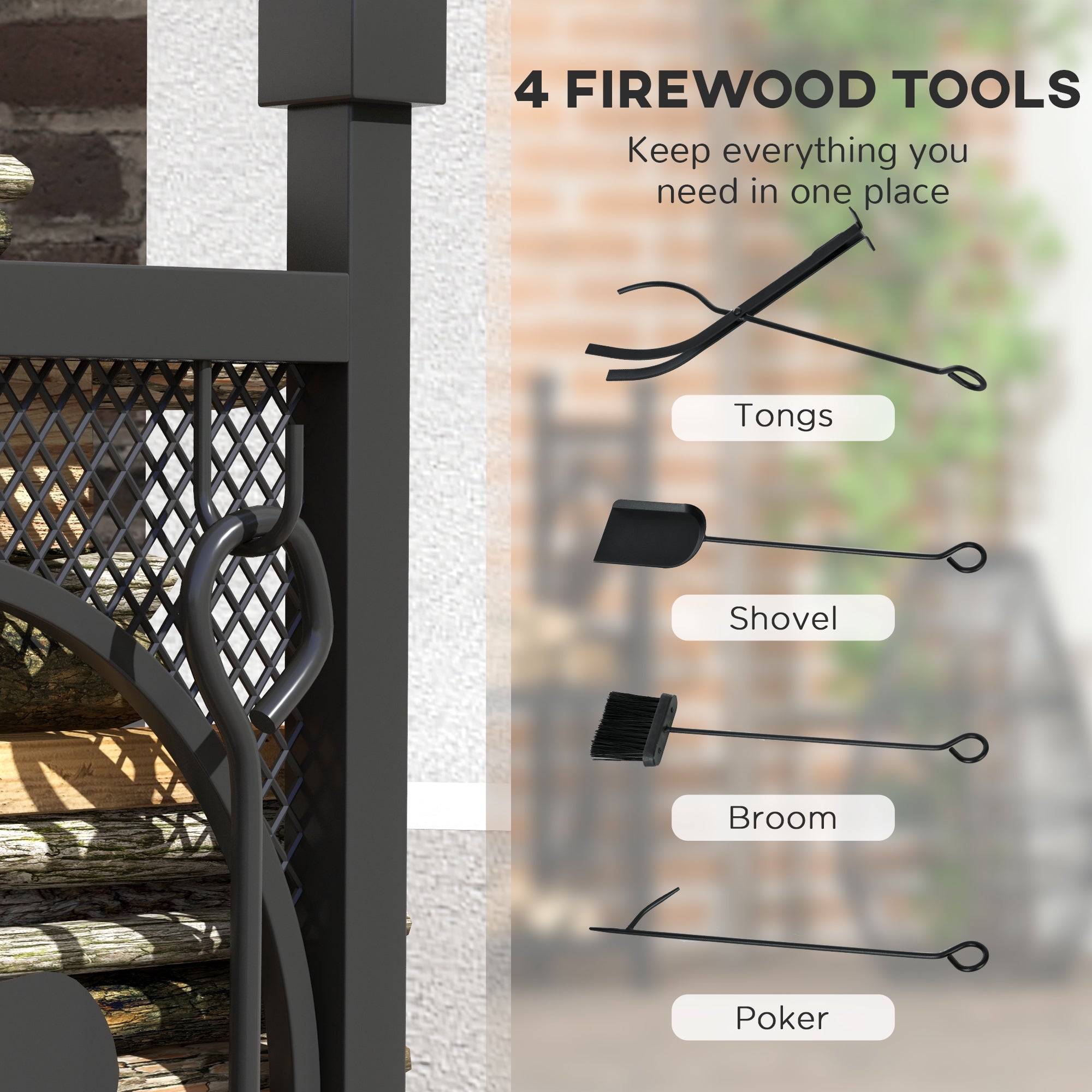 2-Tier Firewood Rack with Tools, Indoor/Outdoor Log Holder, 21.7