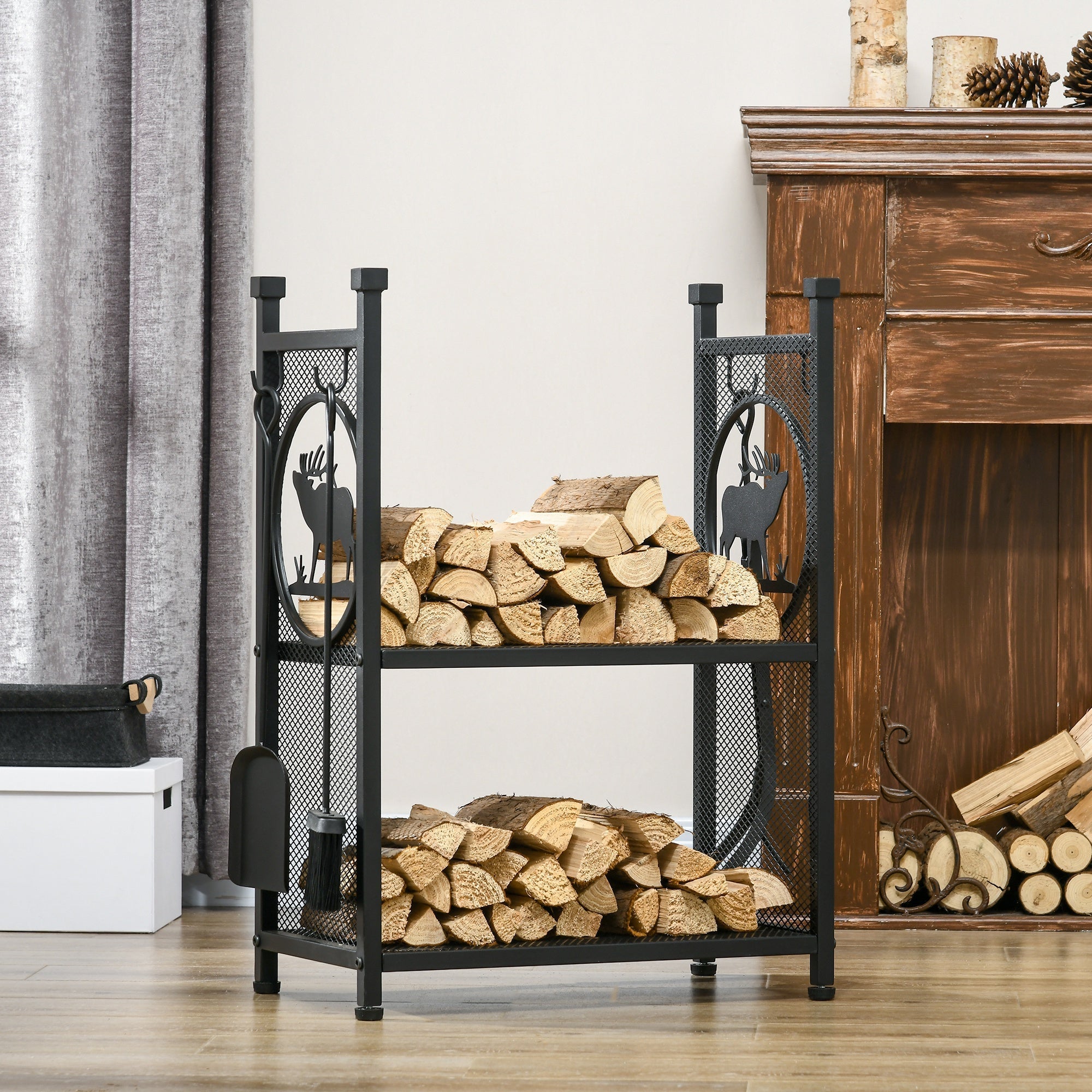 2-Tier Firewood Rack with Tools, Indoor/Outdoor Log Holder, 21.7