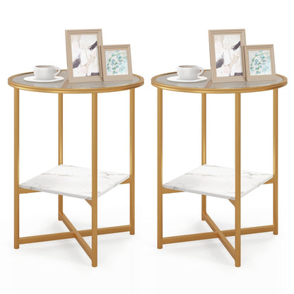 2-Tier Glass End Table Set of 2 with Faux Marble Storage Shelf, White End & Side Tables   at Gallery Canada