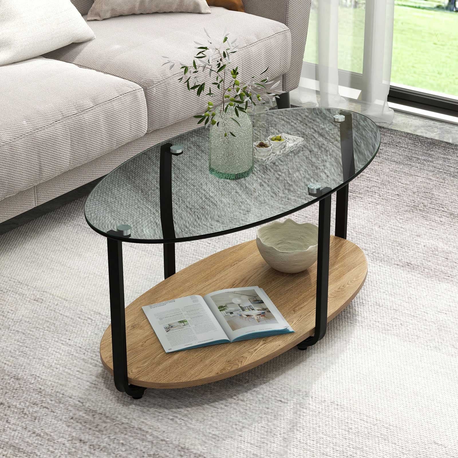 2-Tier Glass-Top Oval Coffee Table with Wooden Shelf for Living Room, Brown Coffee Tables   at Gallery Canada