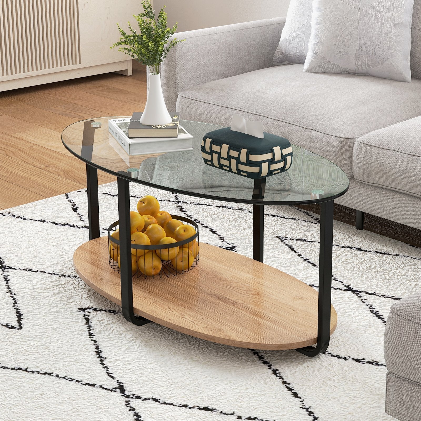 2-Tier Glass-Top Oval Coffee Table with Wooden Shelf for Living Room, Brown Coffee Tables   at Gallery Canada