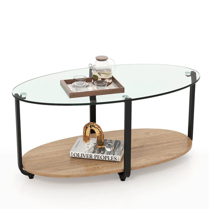 2-Tier Glass-Top Oval Coffee Table with Wooden Shelf for Living Room, Brown Coffee Tables   at Gallery Canada