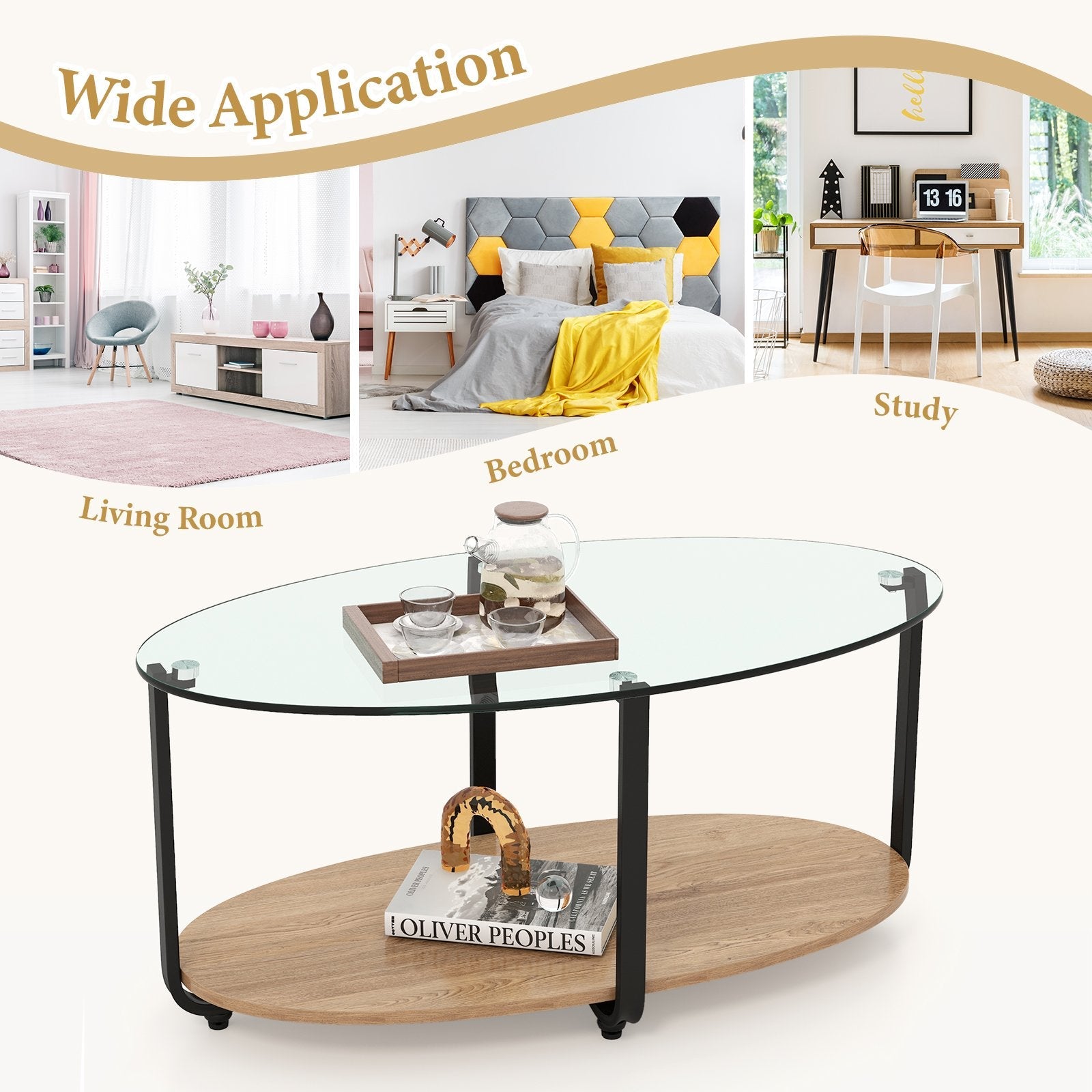 2-Tier Glass-Top Oval Coffee Table with Wooden Shelf for Living Room, Brown Coffee Tables   at Gallery Canada