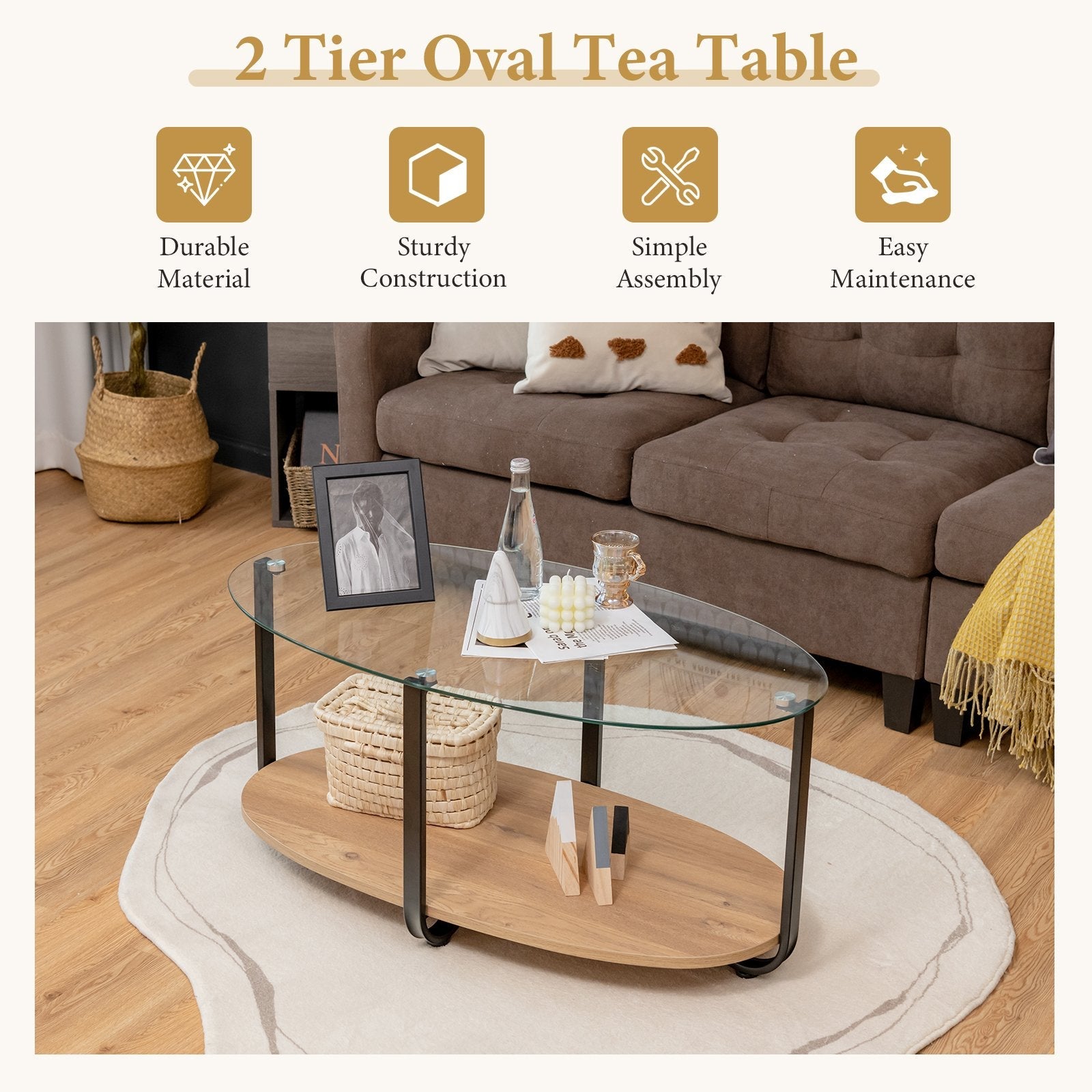 2-Tier Glass-Top Oval Coffee Table with Wooden Shelf for Living Room, Brown Coffee Tables   at Gallery Canada