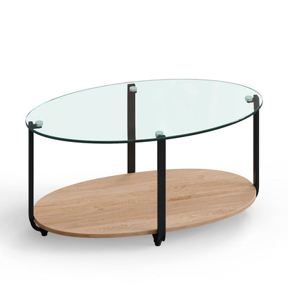 2-Tier Glass-Top Oval Coffee Table with Wooden Shelf for Living Room, Brown Coffee Tables   at Gallery Canada