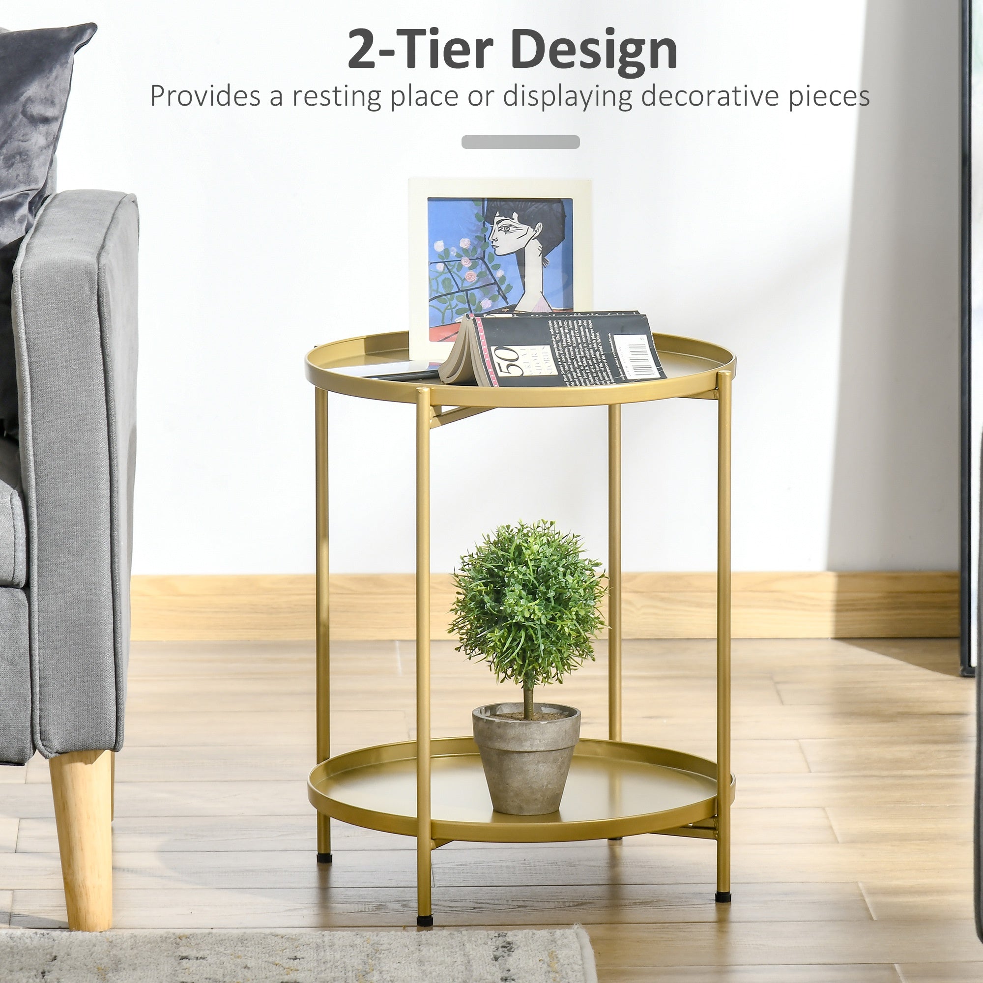 2-Tier Gold Side Table, Round Nightstand with Removable Trays Folding Metal Frame Adjustable Foot End Table for Living Room Bedroom Side Tables   at Gallery Canada