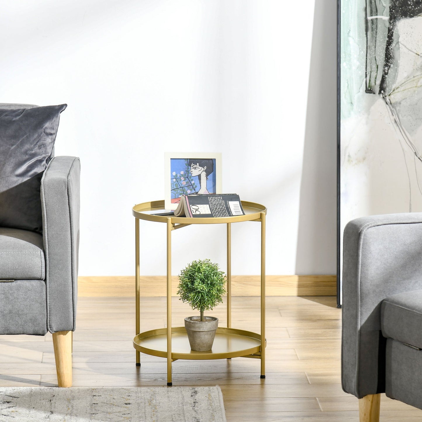 2-Tier Gold Side Table, Round Nightstand with Removable Trays Folding Metal Frame Adjustable Foot End Table for Living Room Bedroom Side Tables   at Gallery Canada