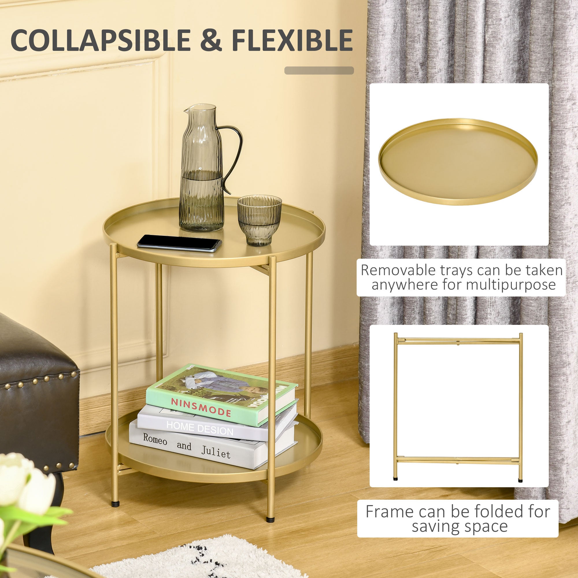 2-Tier Gold Side Table, Round Nightstand with Removable Trays Folding Metal Frame Adjustable Foot End Table for Living Room Bedroom Side Tables   at Gallery Canada