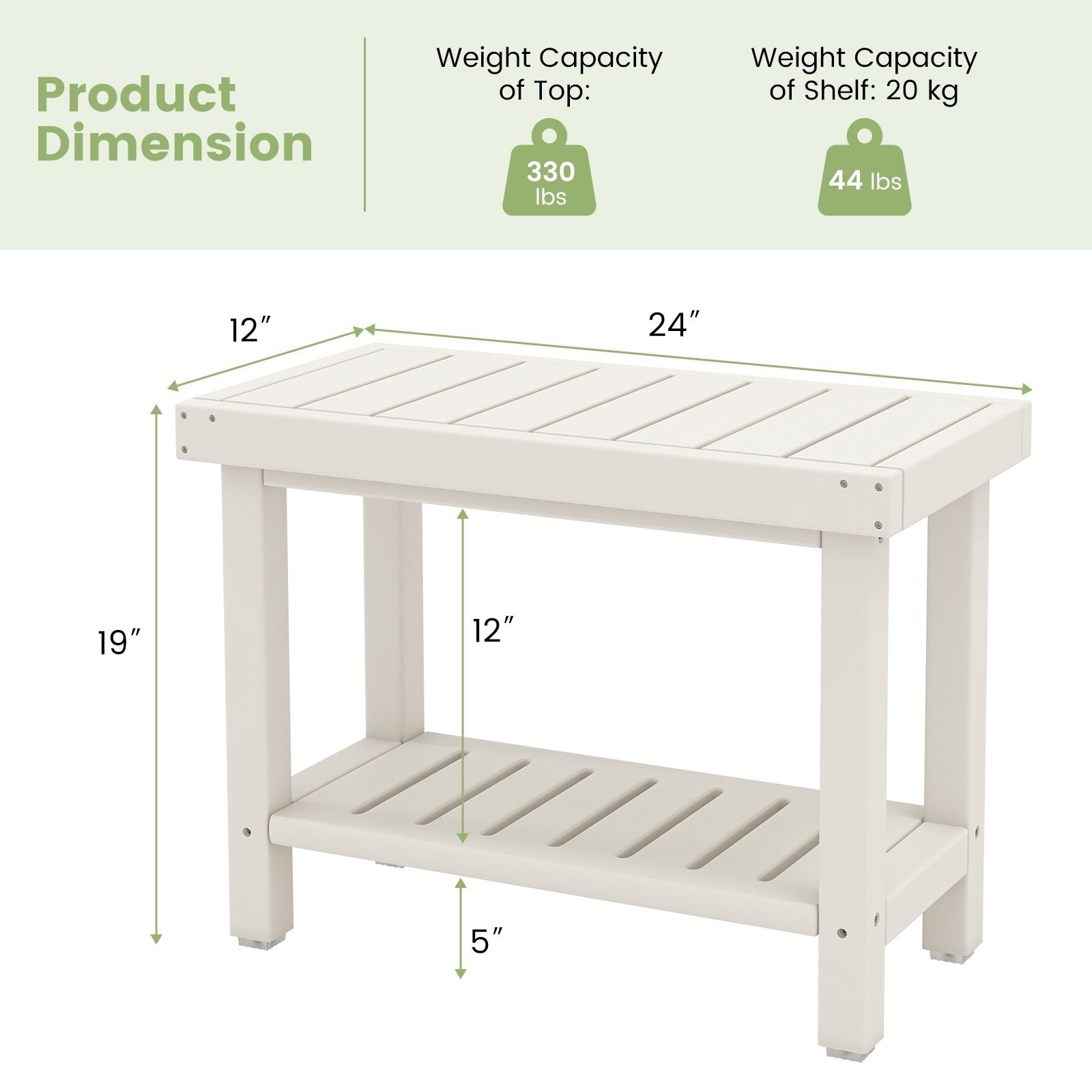 2-Tier Heavy Duty HDPE Shower Chair with Storage Shelf and Anti-slip Foot Pads, White Bath Safety   at Gallery Canada