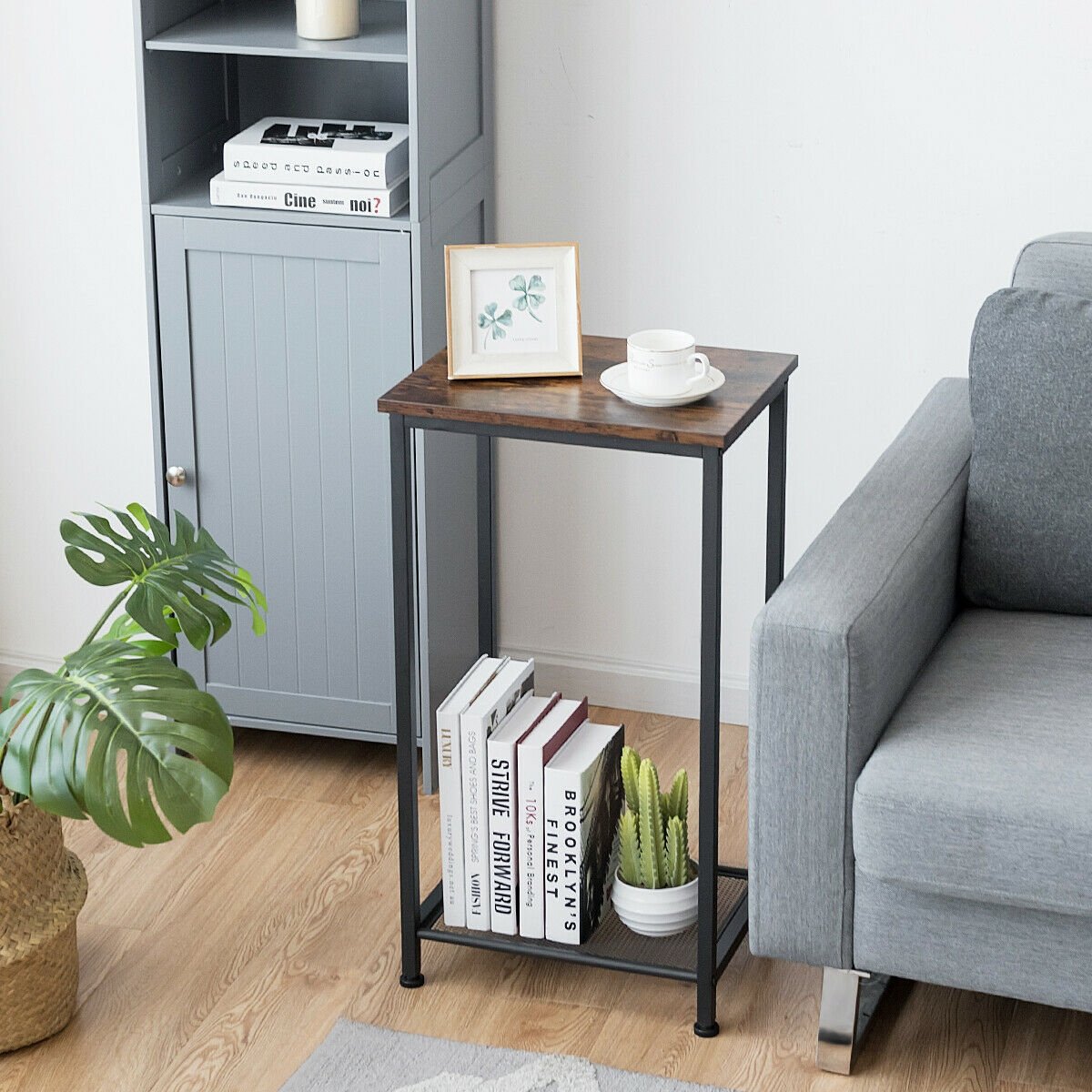 2-Tier Industrial End Table with Metal Mesh Storage Shelves, Rustic Brown End & Side Tables   at Gallery Canada