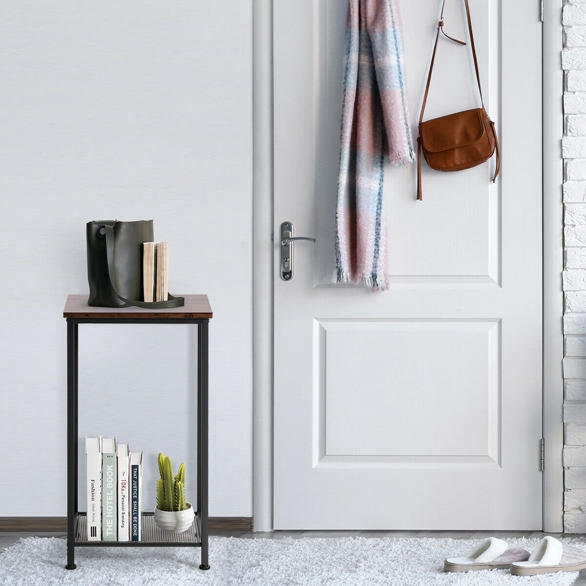 2-Tier Industrial End Table with Metal Mesh Storage Shelves, Rustic Brown End & Side Tables   at Gallery Canada