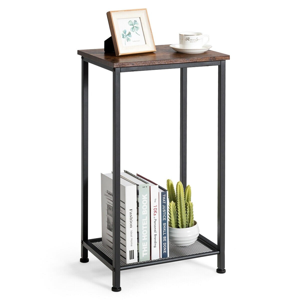 2-Tier Industrial End Table with Metal Mesh Storage Shelves, Rustic Brown End & Side Tables   at Gallery Canada