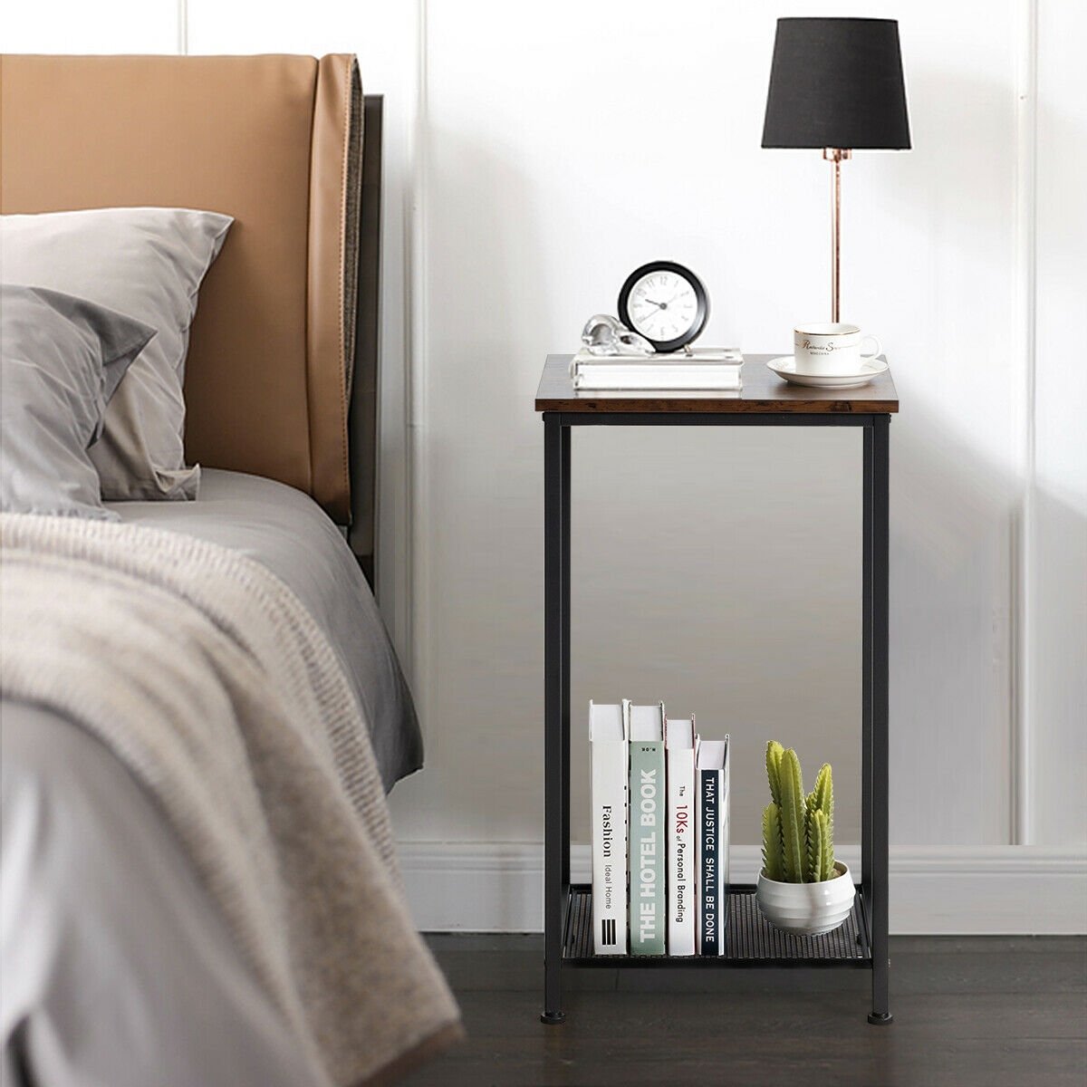 2-Tier Industrial End Table with Metal Mesh Storage Shelves, Rustic Brown End & Side Tables   at Gallery Canada