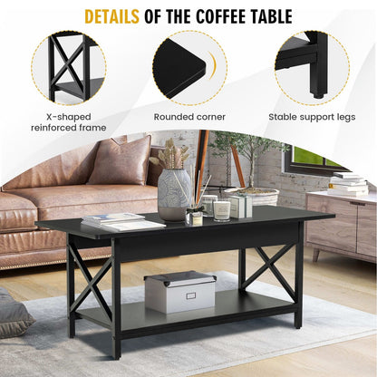 2-Tier Industrial Rectangular Coffee Table with Storage Shelf, Black Coffee Tables   at Gallery Canada