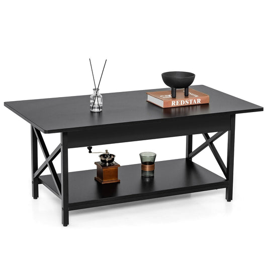 2-Tier Industrial Rectangular Coffee Table with Storage Shelf, Black Coffee Tables   at Gallery Canada