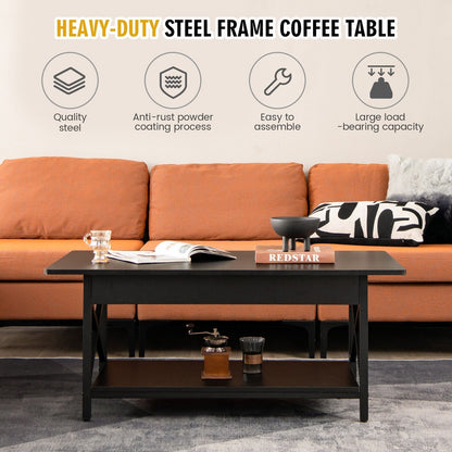 2-Tier Industrial Rectangular Coffee Table with Storage Shelf, Black Coffee Tables   at Gallery Canada