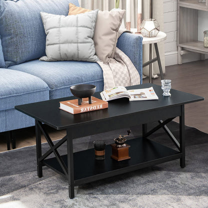 2-Tier Industrial Rectangular Coffee Table with Storage Shelf, Black Coffee Tables   at Gallery Canada