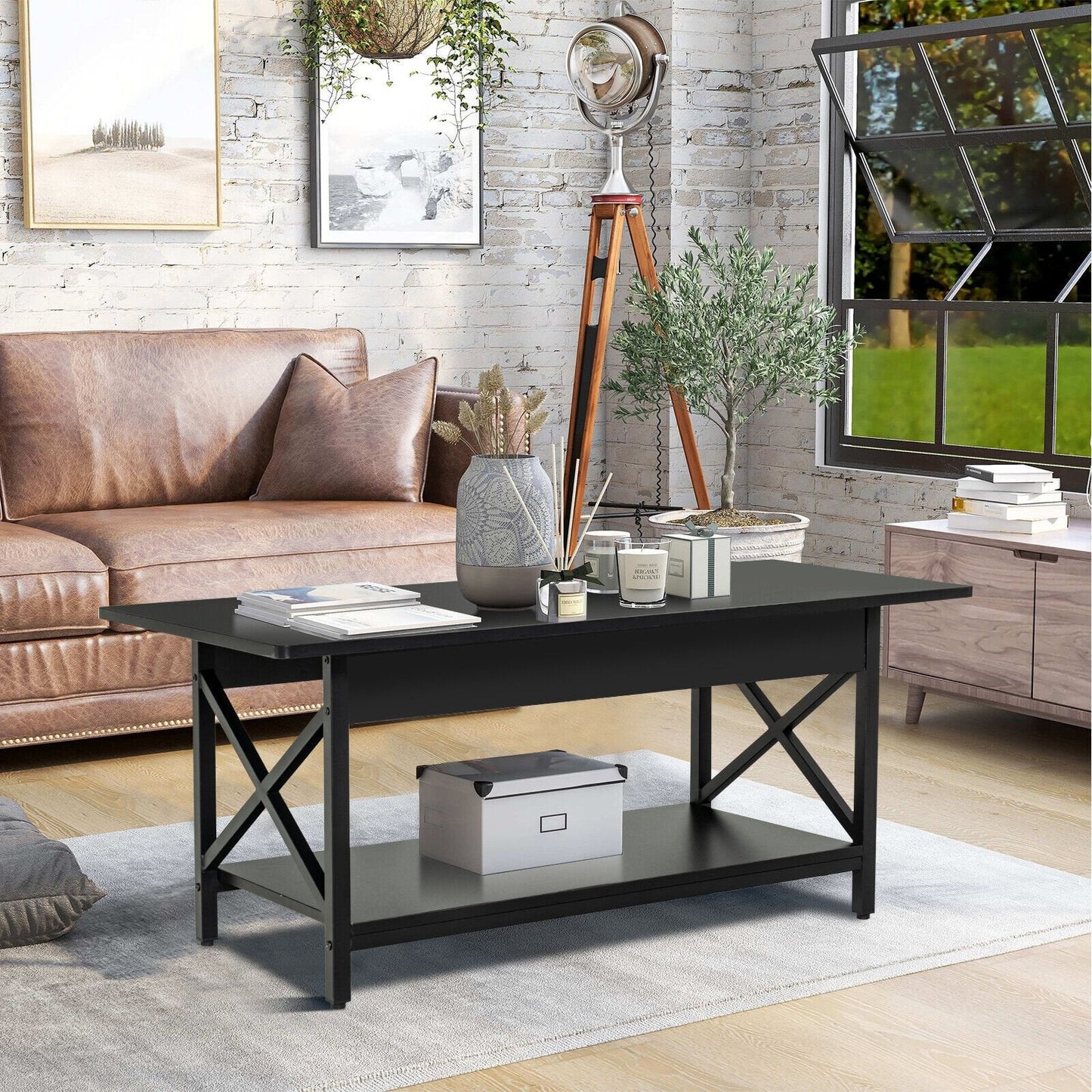 2-Tier Industrial Rectangular Coffee Table with Storage Shelf, Black Coffee Tables   at Gallery Canada