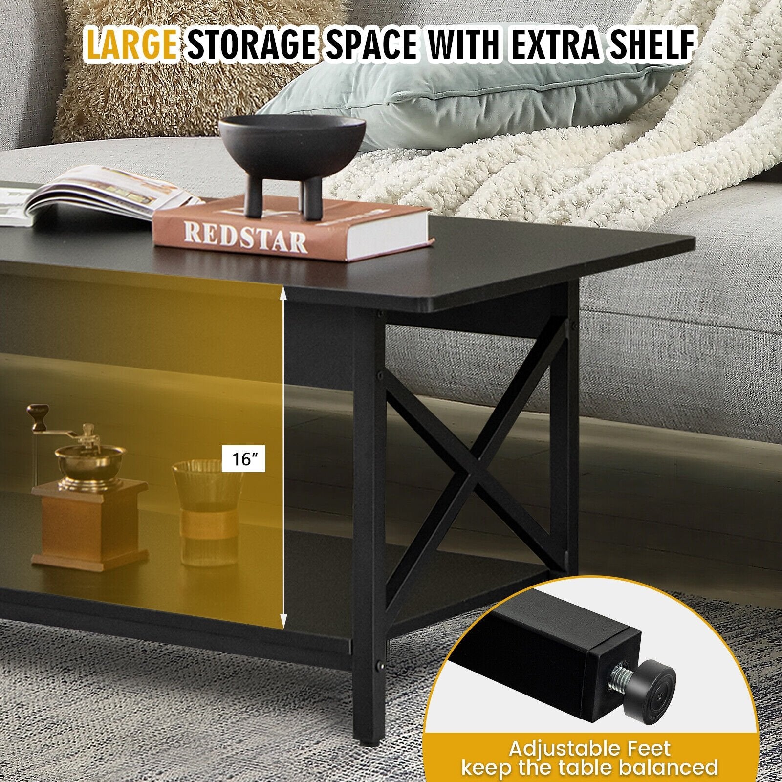 2-Tier Industrial Rectangular Coffee Table with Storage Shelf, Black Coffee Tables   at Gallery Canada