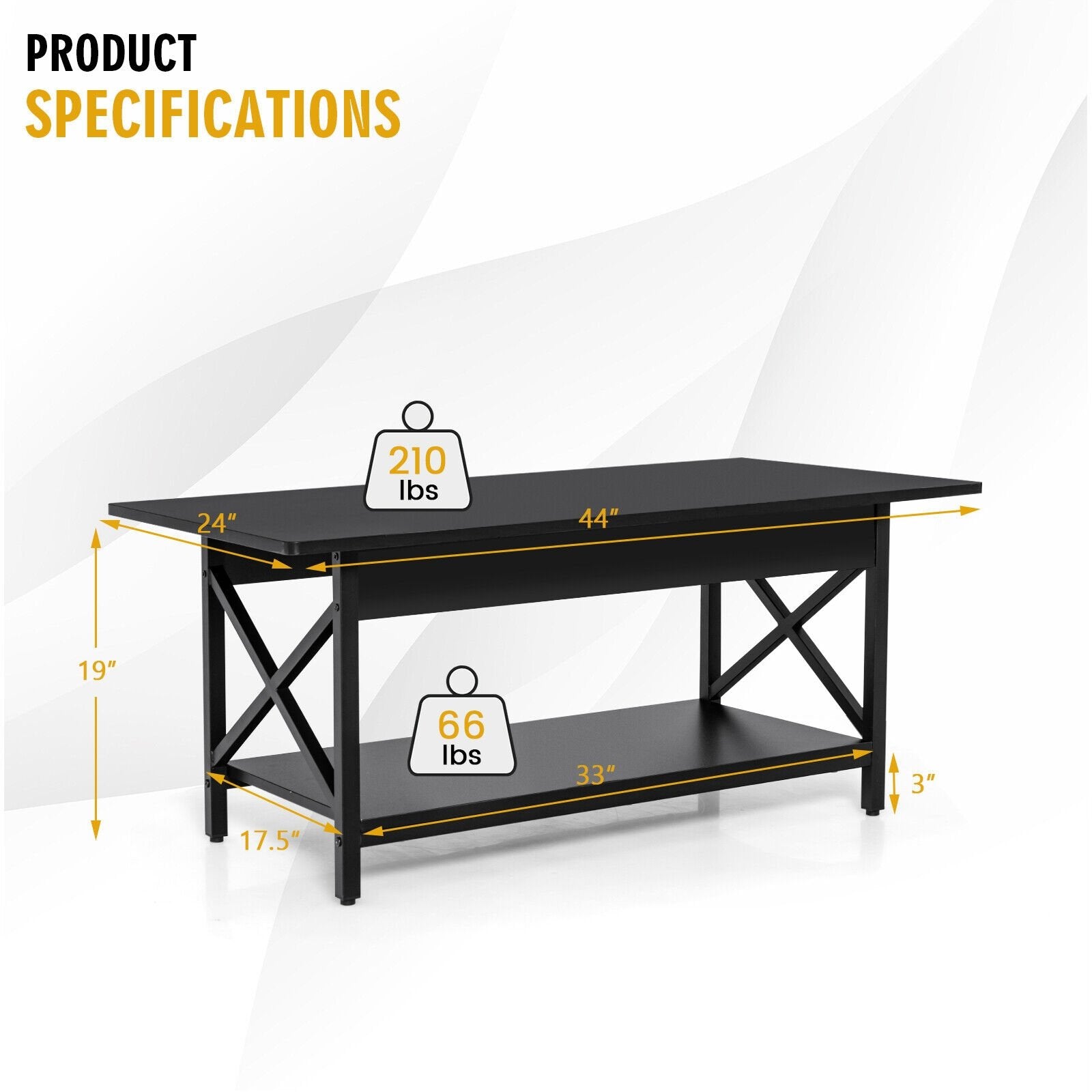 2-Tier Industrial Rectangular Coffee Table with Storage Shelf, Black Coffee Tables   at Gallery Canada