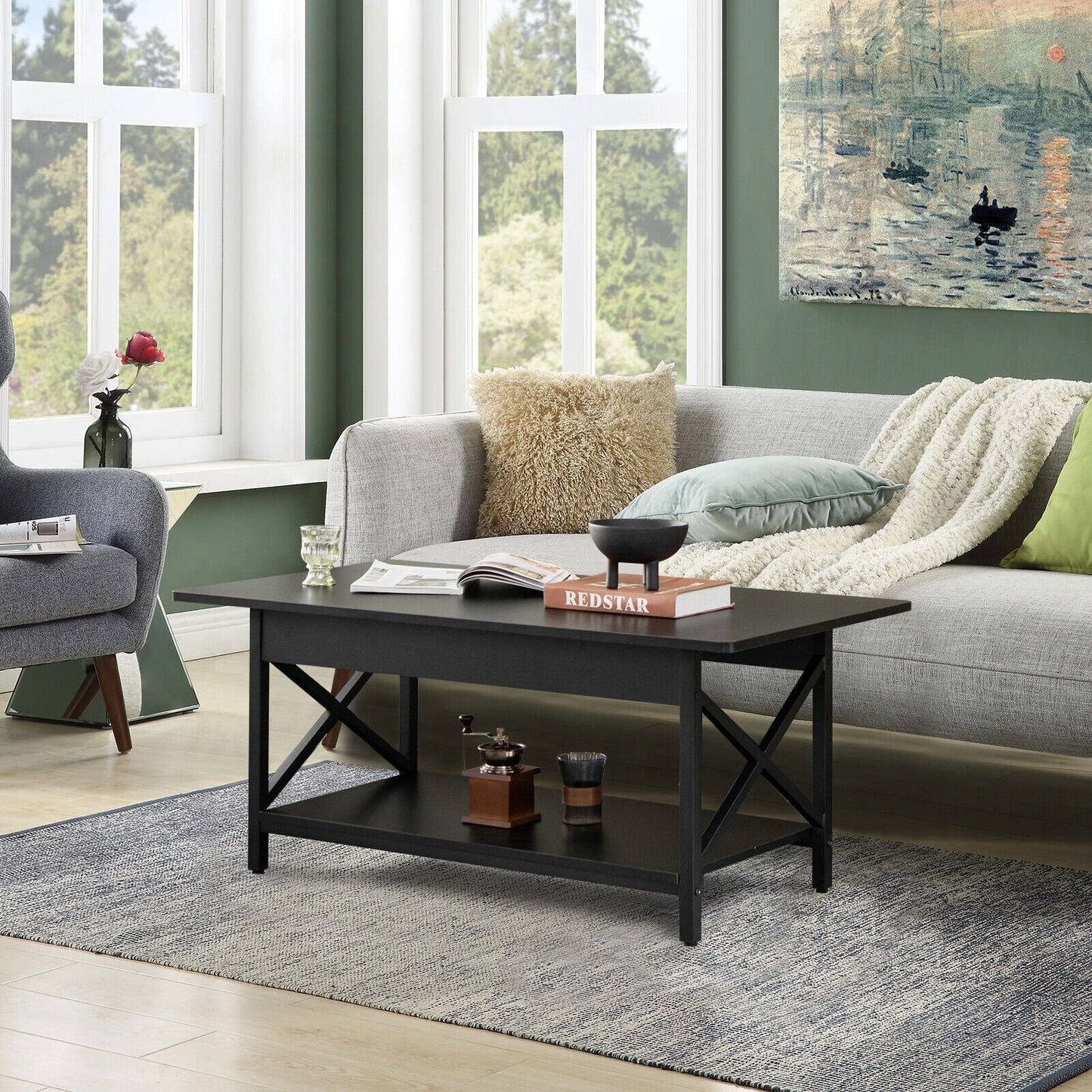 2-Tier Industrial Rectangular Coffee Table with Storage Shelf, Black Coffee Tables   at Gallery Canada