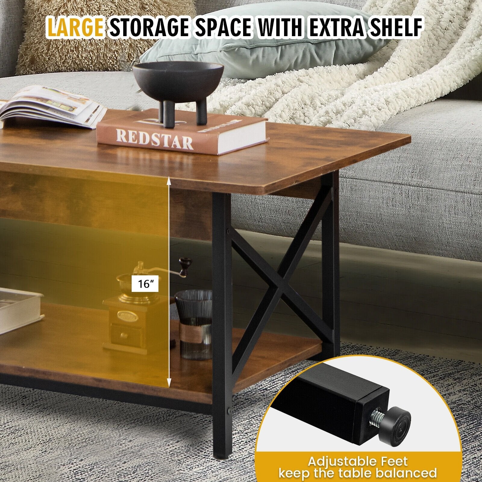 2-Tier Industrial Rectangular Coffee Table with Storage Shelf, Rustic Brown Coffee Tables   at Gallery Canada