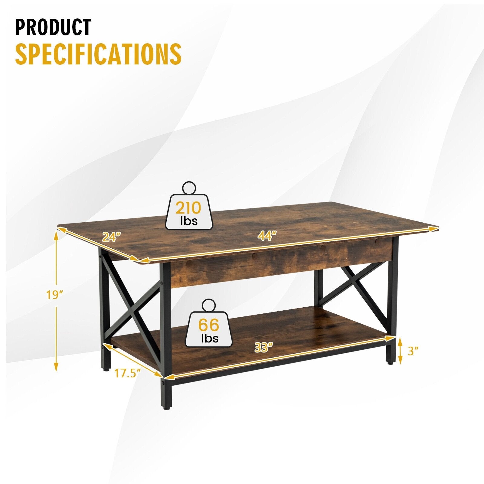 2-Tier Industrial Rectangular Coffee Table with Storage Shelf, Rustic Brown Coffee Tables   at Gallery Canada