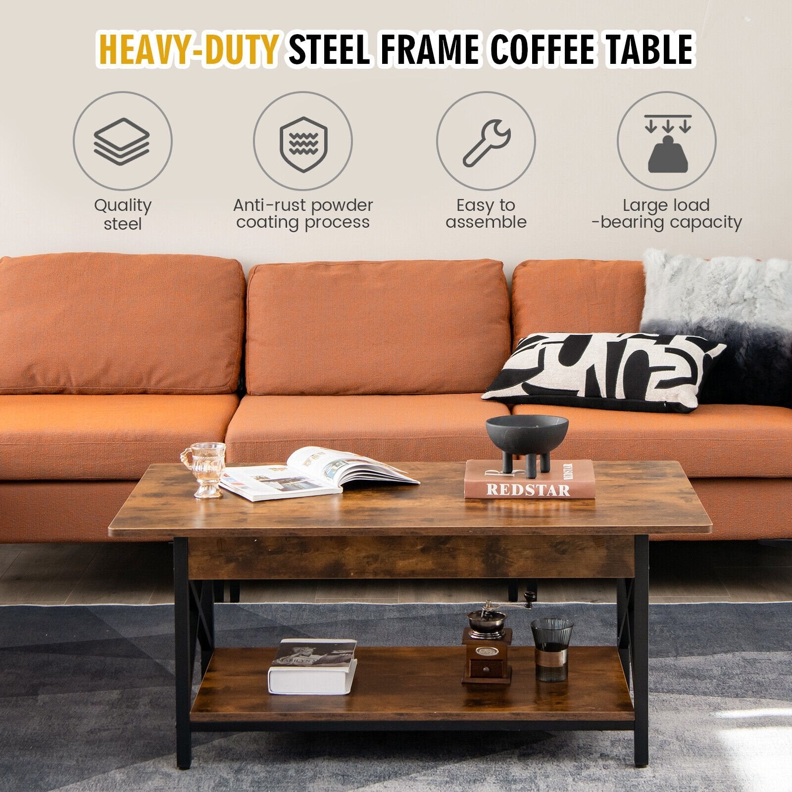 2-Tier Industrial Rectangular Coffee Table with Storage Shelf, Rustic Brown Coffee Tables   at Gallery Canada