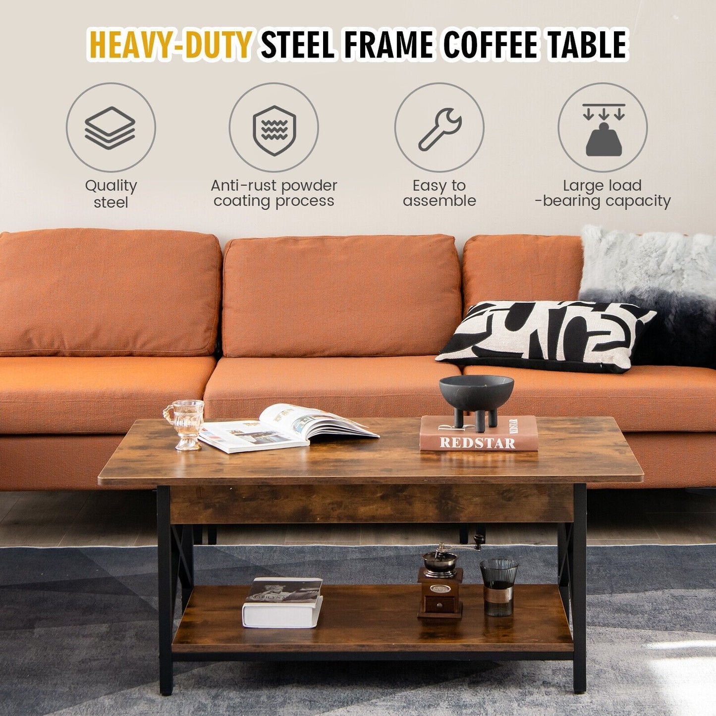 2-Tier Industrial Rectangular Coffee Table with Storage Shelf, Rustic Brown Coffee Tables   at Gallery Canada