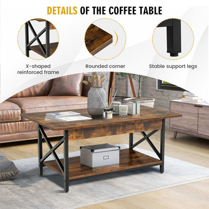 2-Tier Industrial Rectangular Coffee Table with Storage Shelf, Rustic Brown Coffee Tables   at Gallery Canada