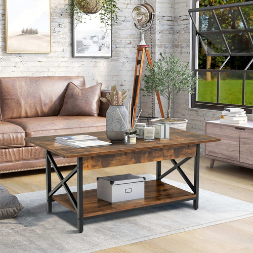 2-Tier Industrial Rectangular Coffee Table with Storage Shelf, Rustic Brown