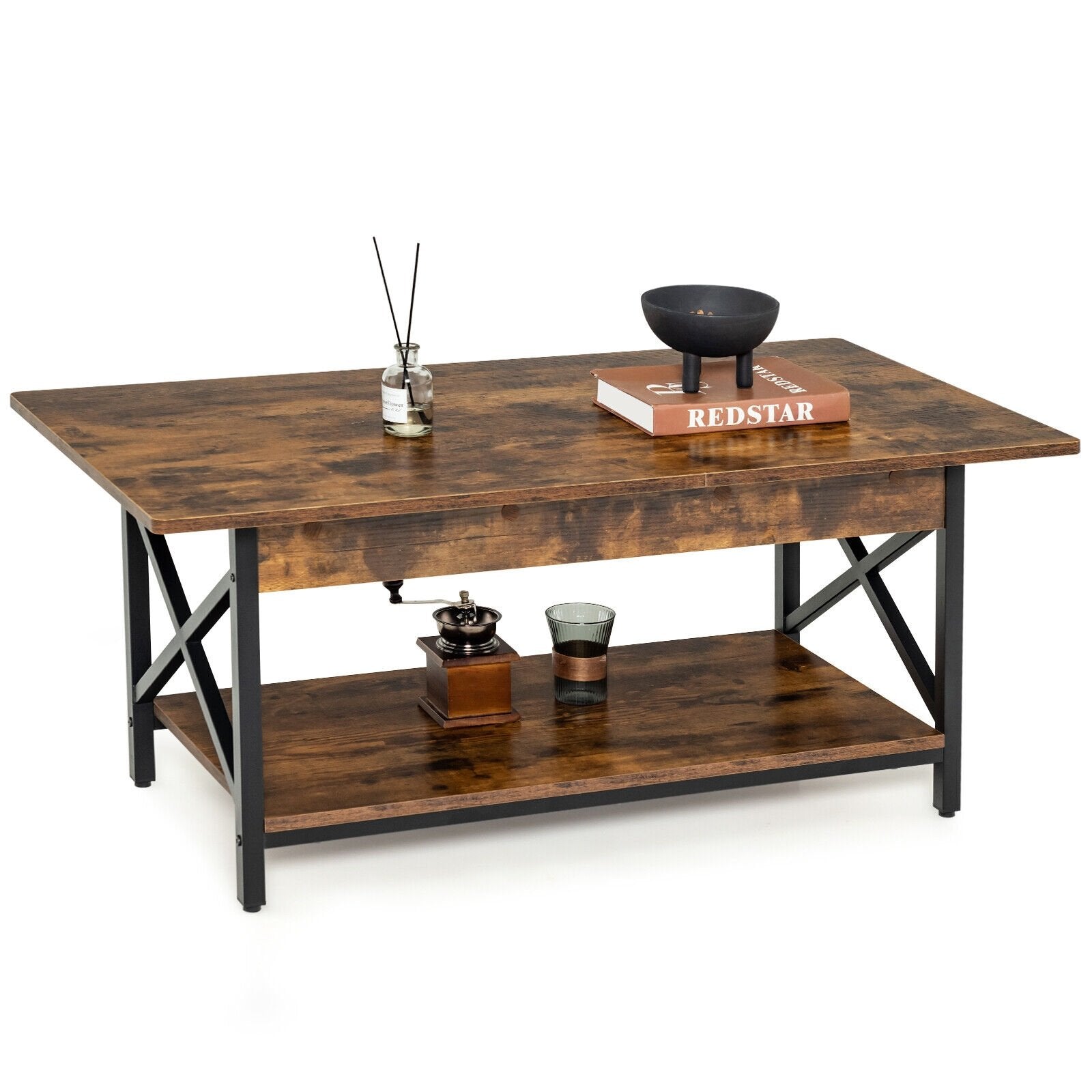 2-Tier Industrial Rectangular Coffee Table with Storage Shelf, Rustic Brown Coffee Tables   at Gallery Canada