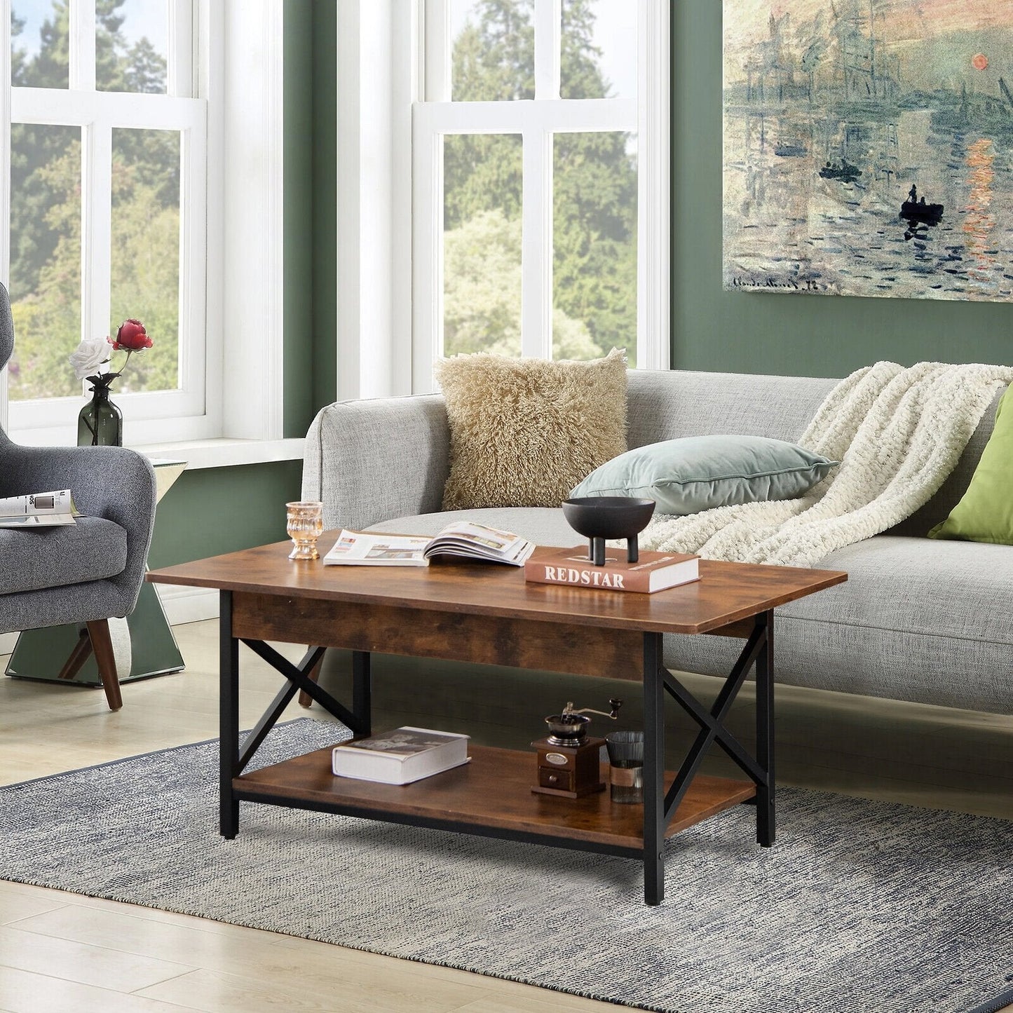 2-Tier Industrial Rectangular Coffee Table with Storage Shelf, Rustic Brown Coffee Tables   at Gallery Canada