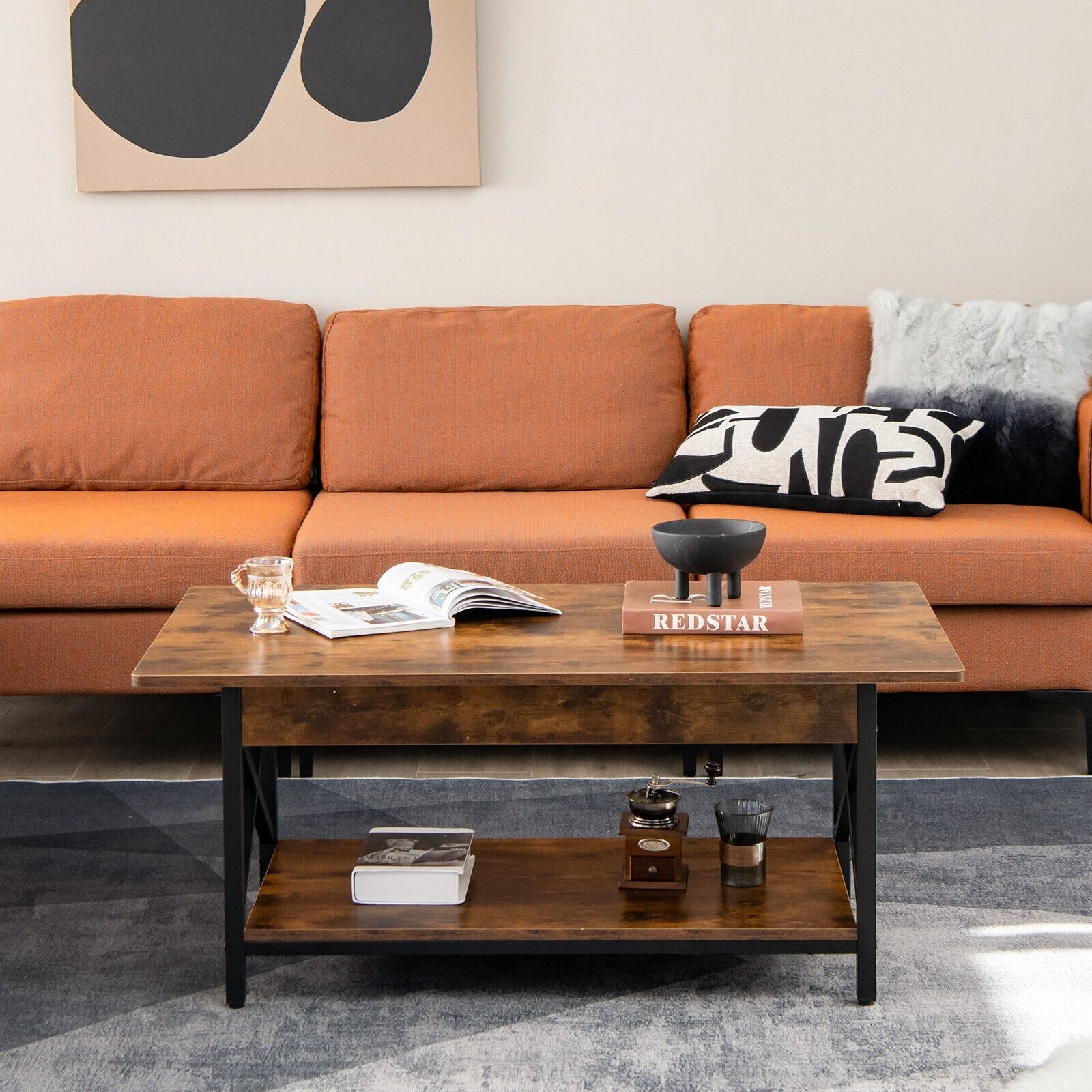 2-Tier Industrial Rectangular Coffee Table with Storage Shelf, Rustic Brown Coffee Tables   at Gallery Canada