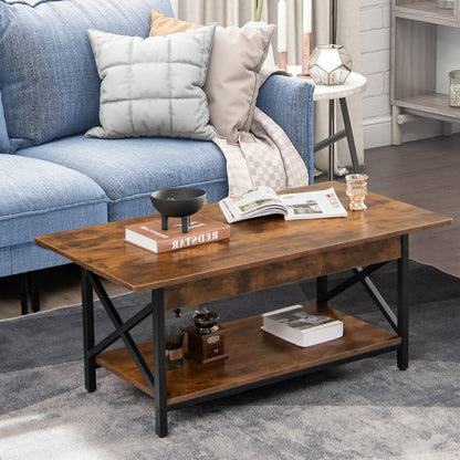 2-Tier Industrial Rectangular Coffee Table with Storage Shelf, Rustic Brown Coffee Tables   at Gallery Canada