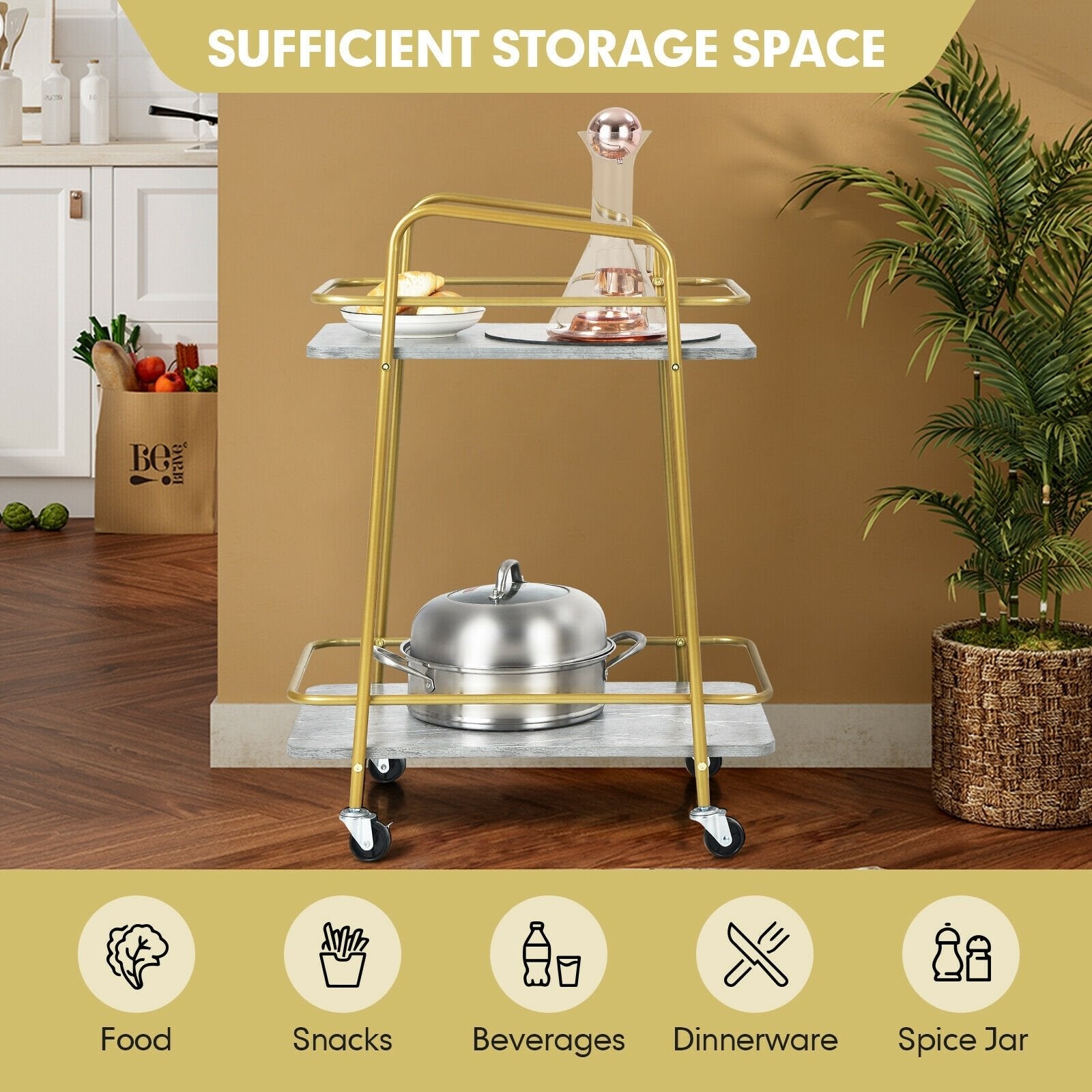 2-tier Kitchen Rolling Cart with Steel Frame and Lockable Casters, Gray Kitchen Islands & Carts   at Gallery Canada