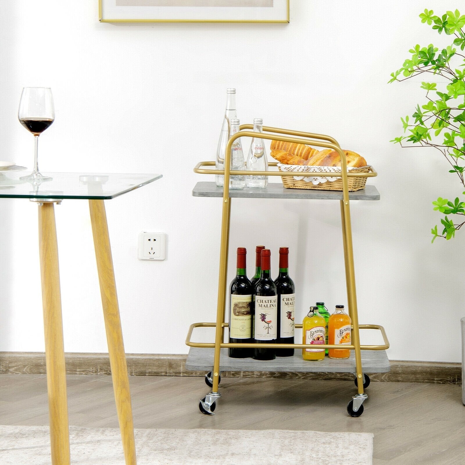 2-tier Kitchen Rolling Cart with Steel Frame and Lockable Casters, Gray Kitchen Islands & Carts   at Gallery Canada