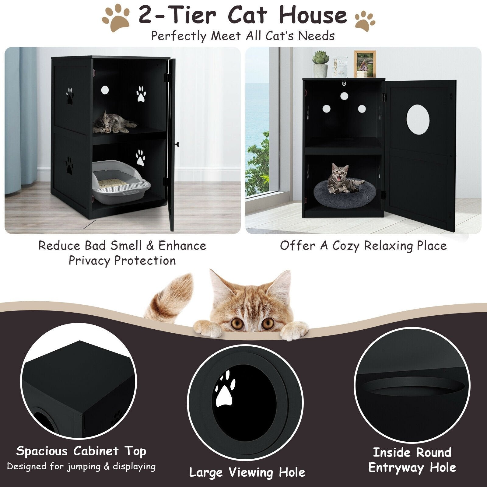 2-tier Litter Hidden Cat House With Anti-toppling Device, Black Cat Houses   at Gallery Canada