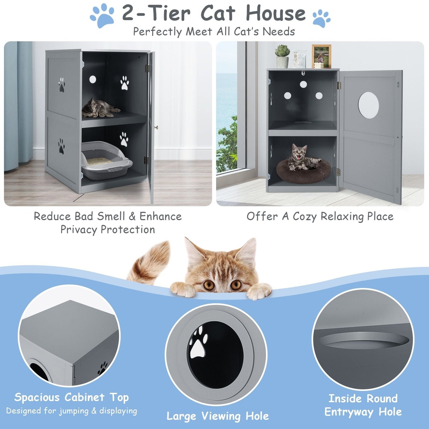 2-tier Litter Hidden Cat House With Anti-toppling Device, Gray Cat Houses   at Gallery Canada