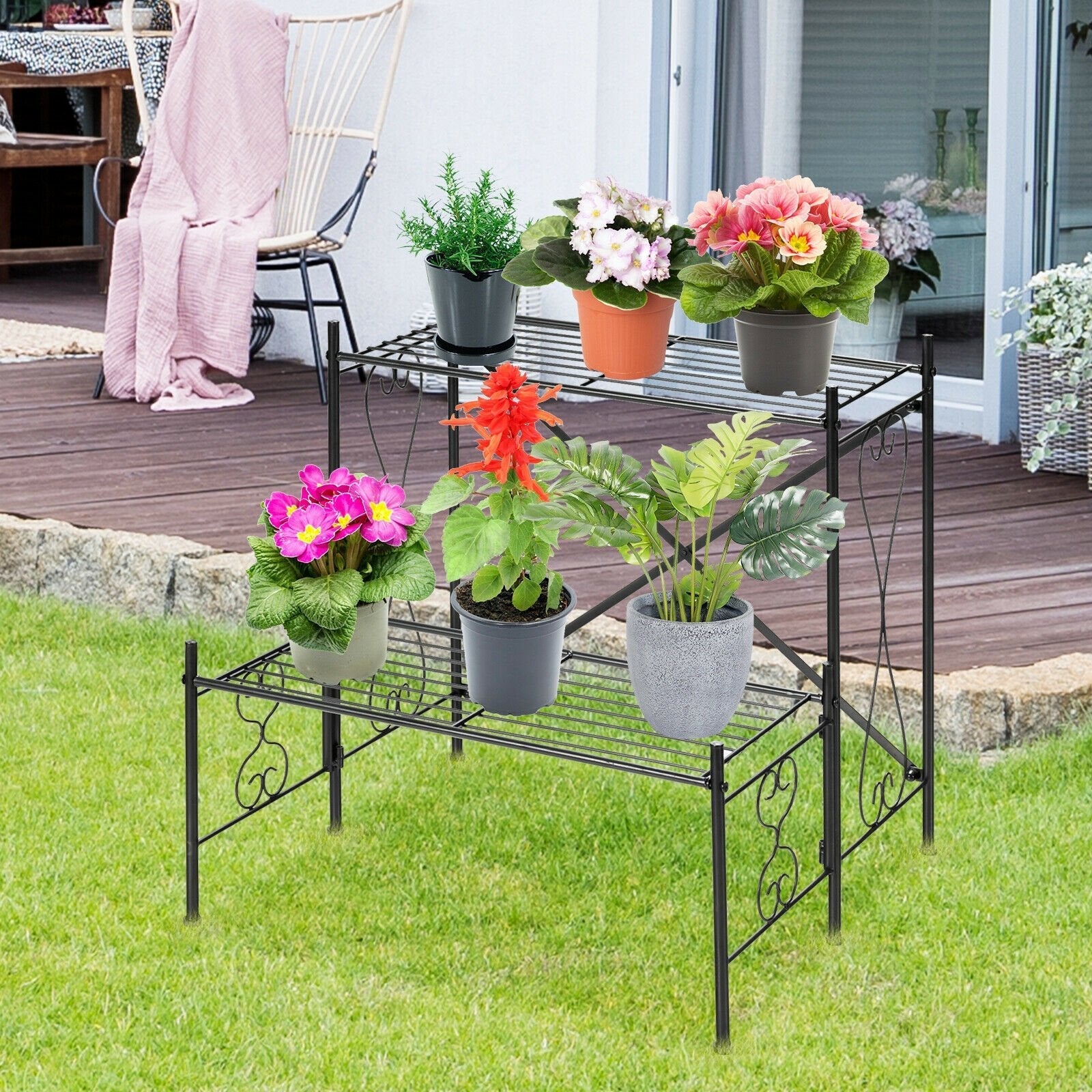 2-Tier Metal Plant Stand Garden Shelf, Black Plant Stands   at Gallery Canada