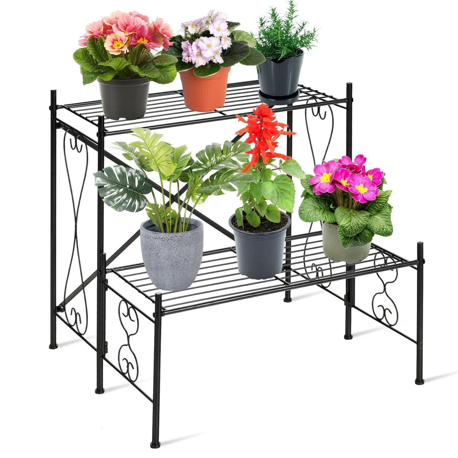 2-Tier Metal Plant Stand Garden Shelf, Black Plant Stands   at Gallery Canada