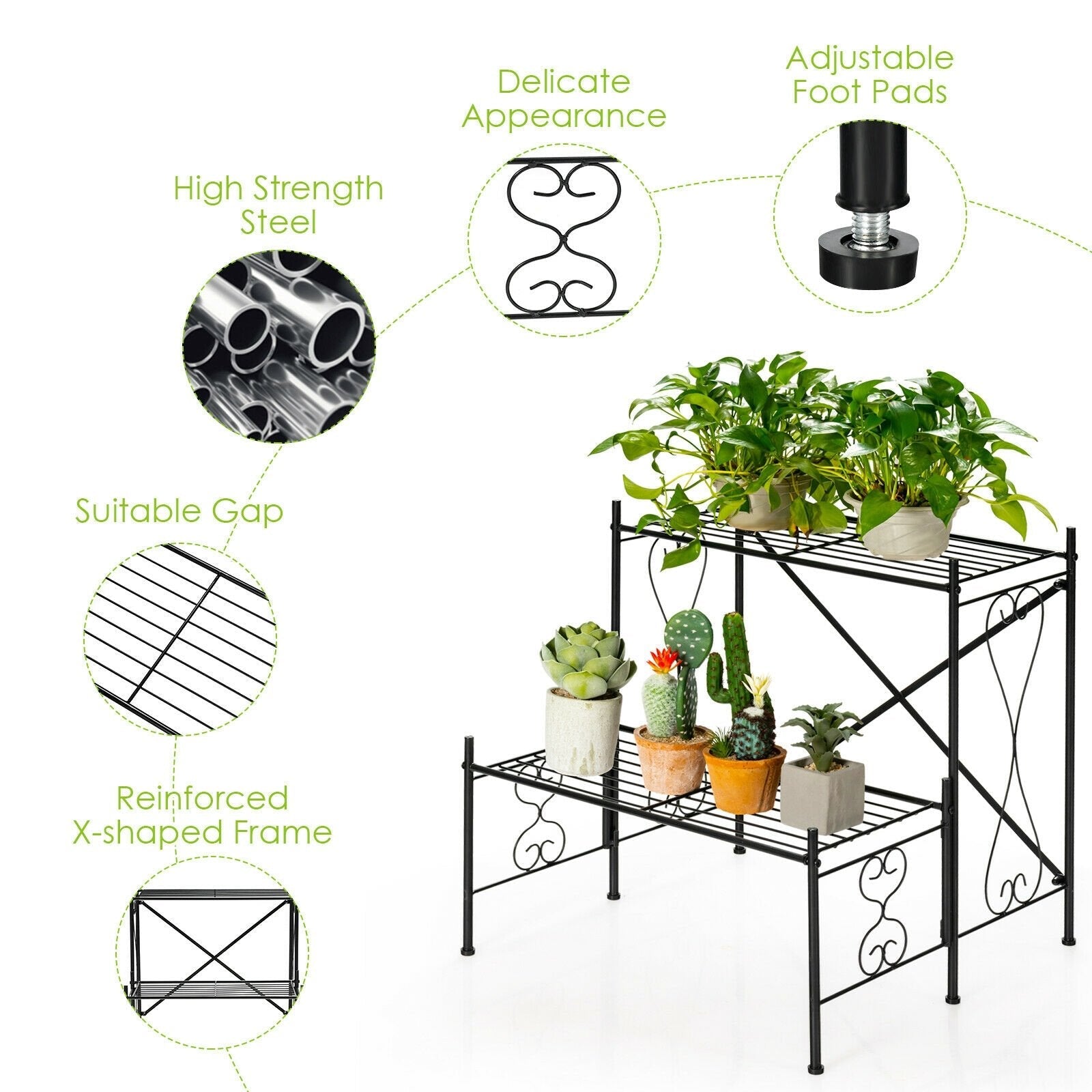 2-Tier Metal Plant Stand Garden Shelf, Black Plant Stands   at Gallery Canada