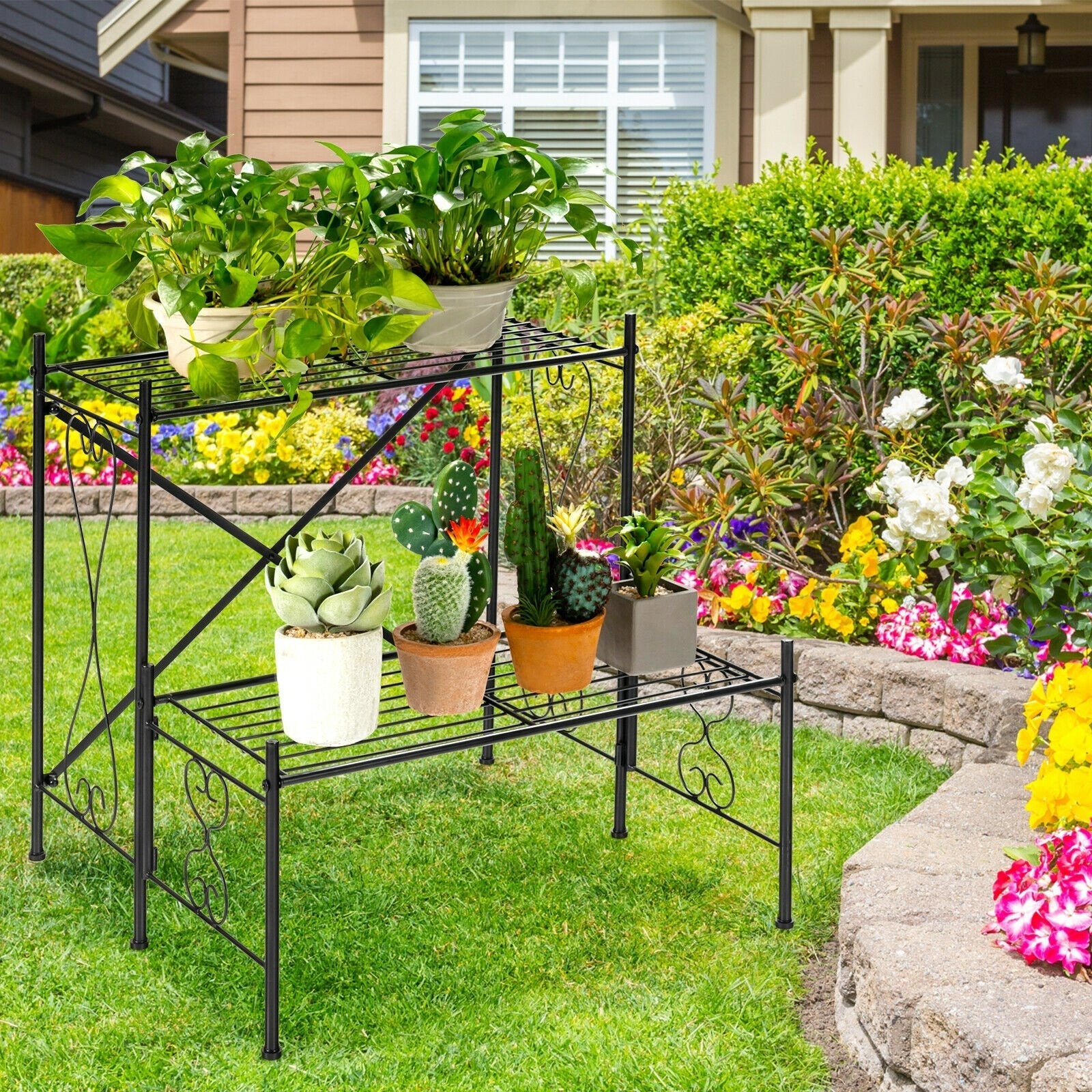 2-Tier Metal Plant Stand Garden Shelf, Black Plant Stands   at Gallery Canada