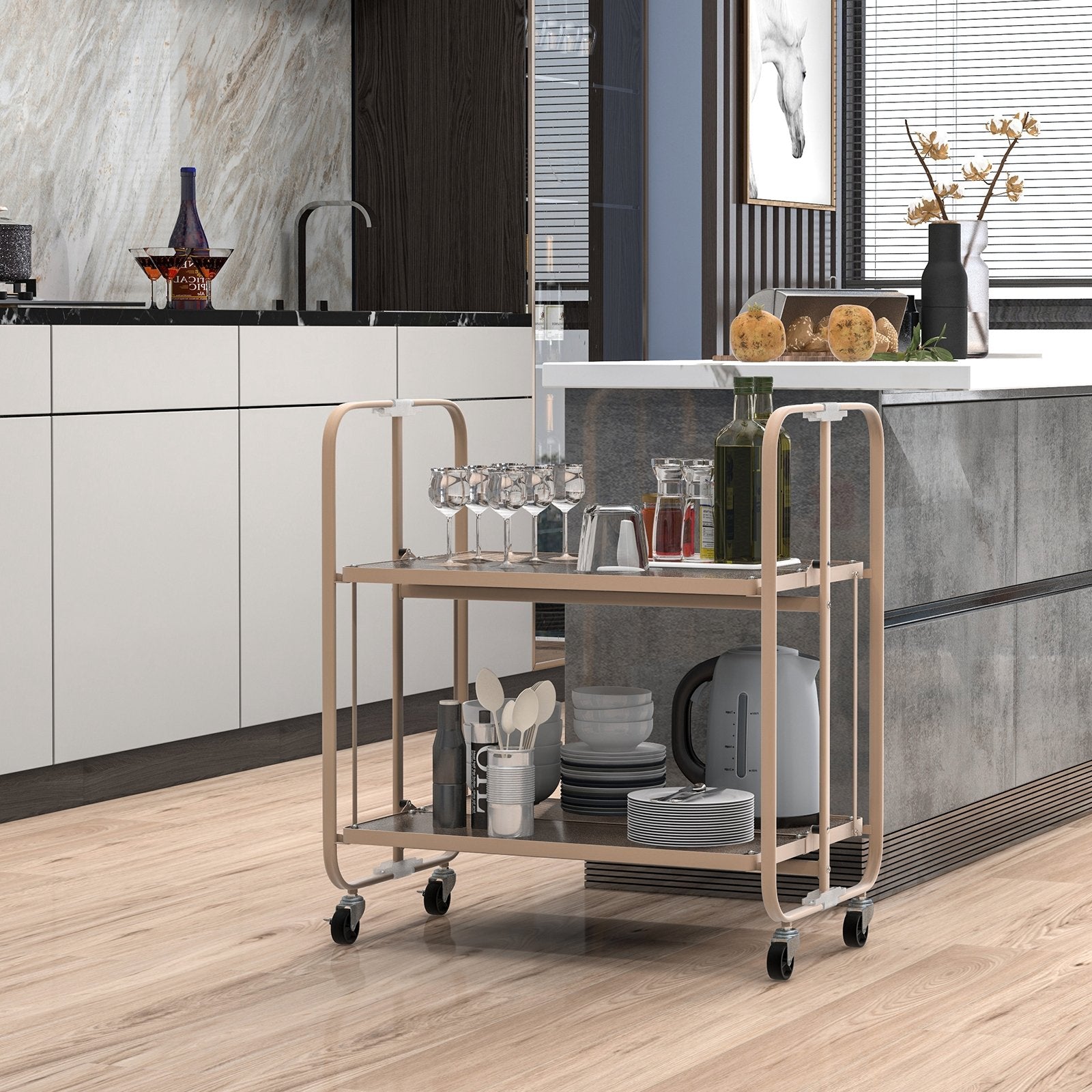 2-Tier Mobile Serving Cart with Tempered Glass Shelf, Golden Kitchen Islands & Carts   at Gallery Canada