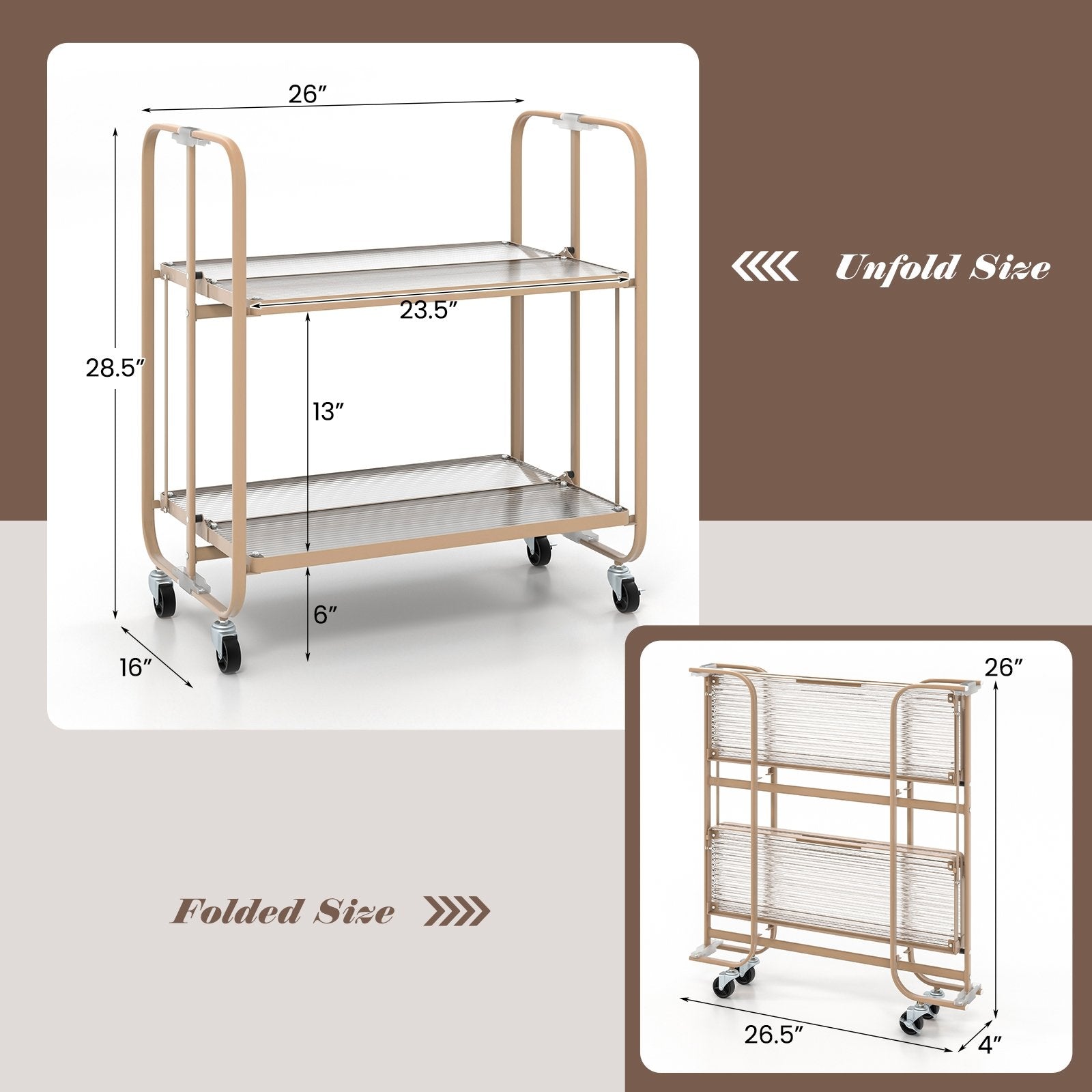 2-Tier Mobile Serving Cart with Tempered Glass Shelf, Golden Kitchen Islands & Carts   at Gallery Canada