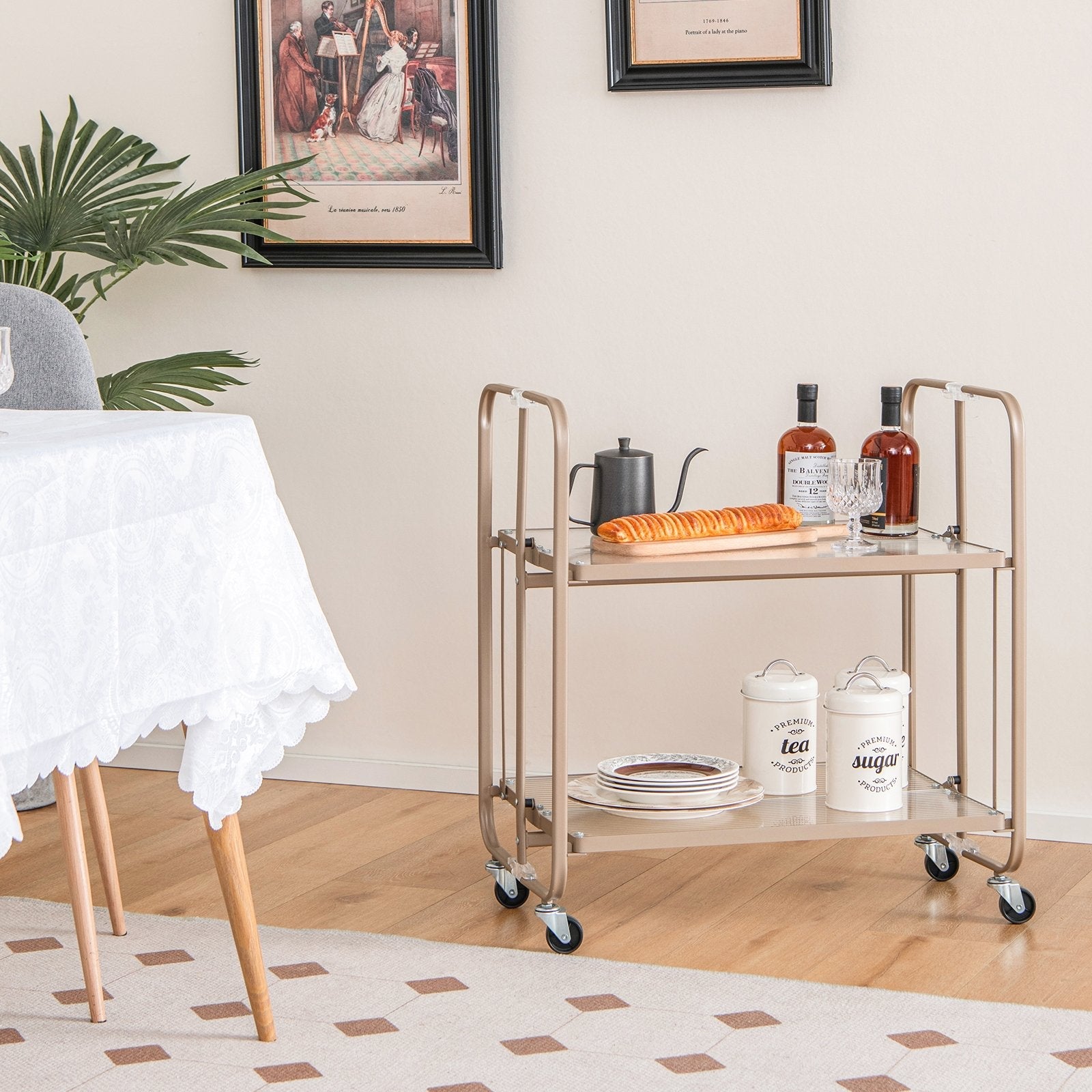 2-Tier Mobile Serving Cart with Tempered Glass Shelf, Golden Kitchen Islands & Carts   at Gallery Canada