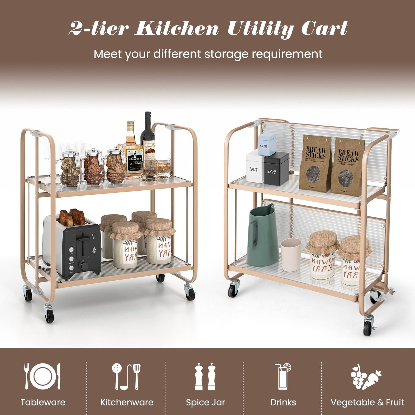 2-Tier Mobile Serving Cart with Tempered Glass Shelf, Golden Kitchen Islands & Carts   at Gallery Canada