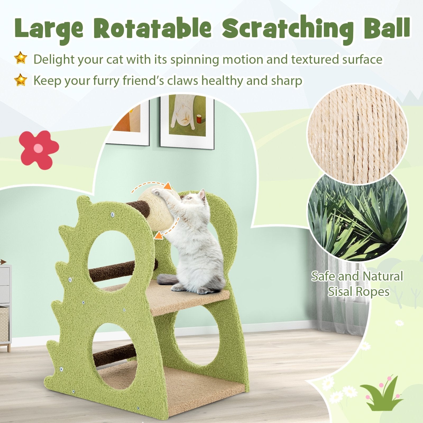 2-Tier Modern Cat Tree for Indoor Cats with Rotatable Sisal Scratching Ball, Green Cat Trees Condos & Scratchers   at Gallery Canada