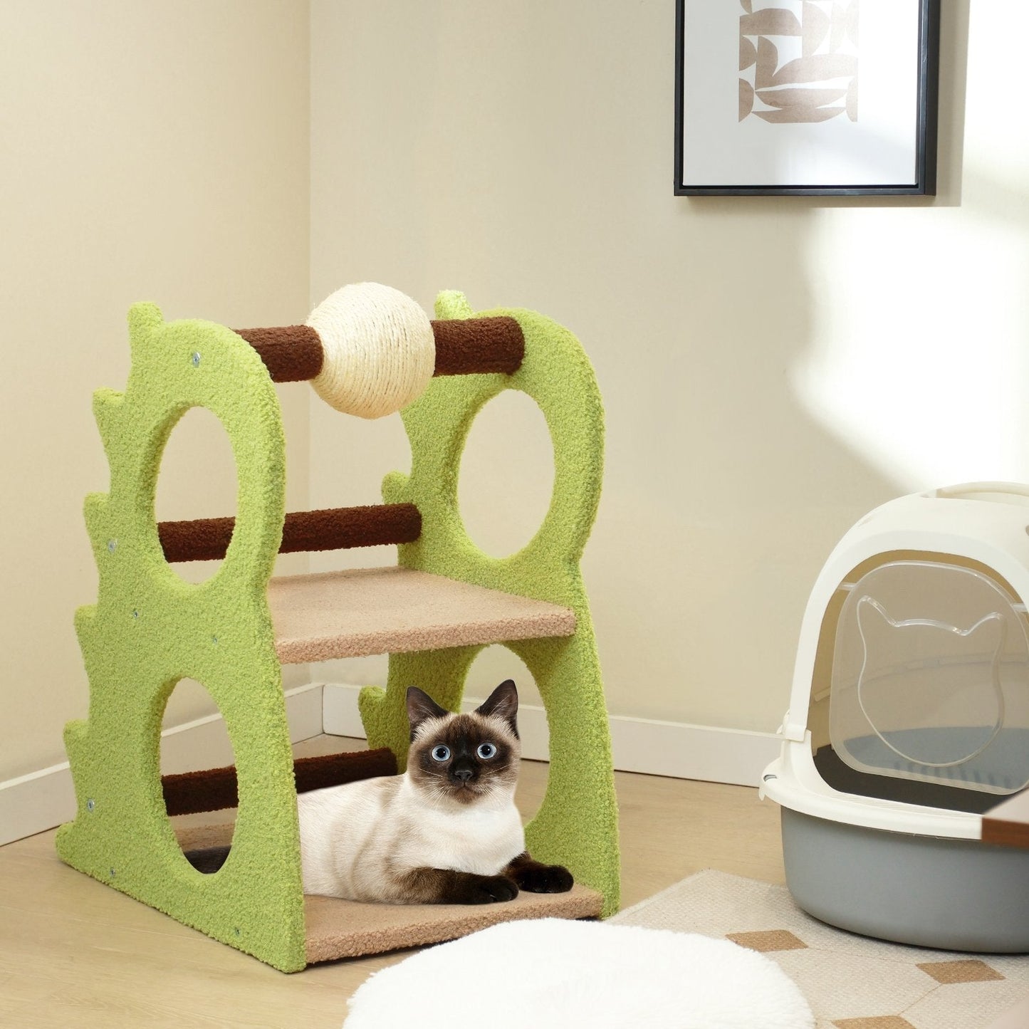 2-Tier Modern Cat Tree for Indoor Cats with Rotatable Sisal Scratching Ball, Green Cat Trees Condos & Scratchers   at Gallery Canada