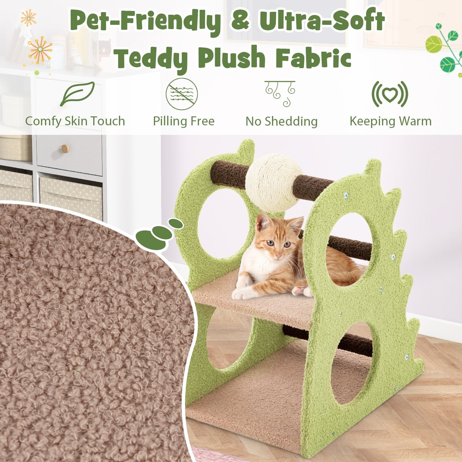 2-Tier Modern Cat Tree for Indoor Cats with Rotatable Sisal Scratching Ball, Green Cat Trees Condos & Scratchers   at Gallery Canada